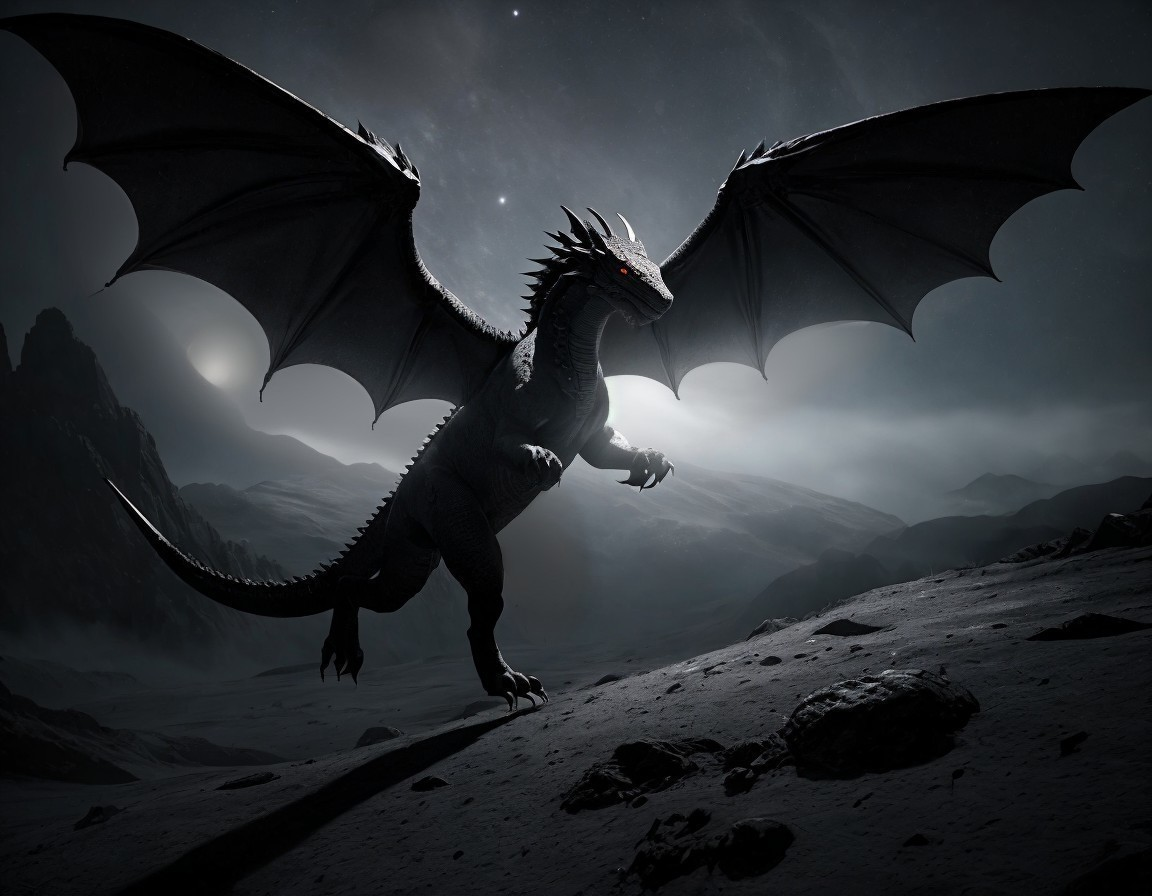 Majestic black dragon on rocky landscape under dark sky