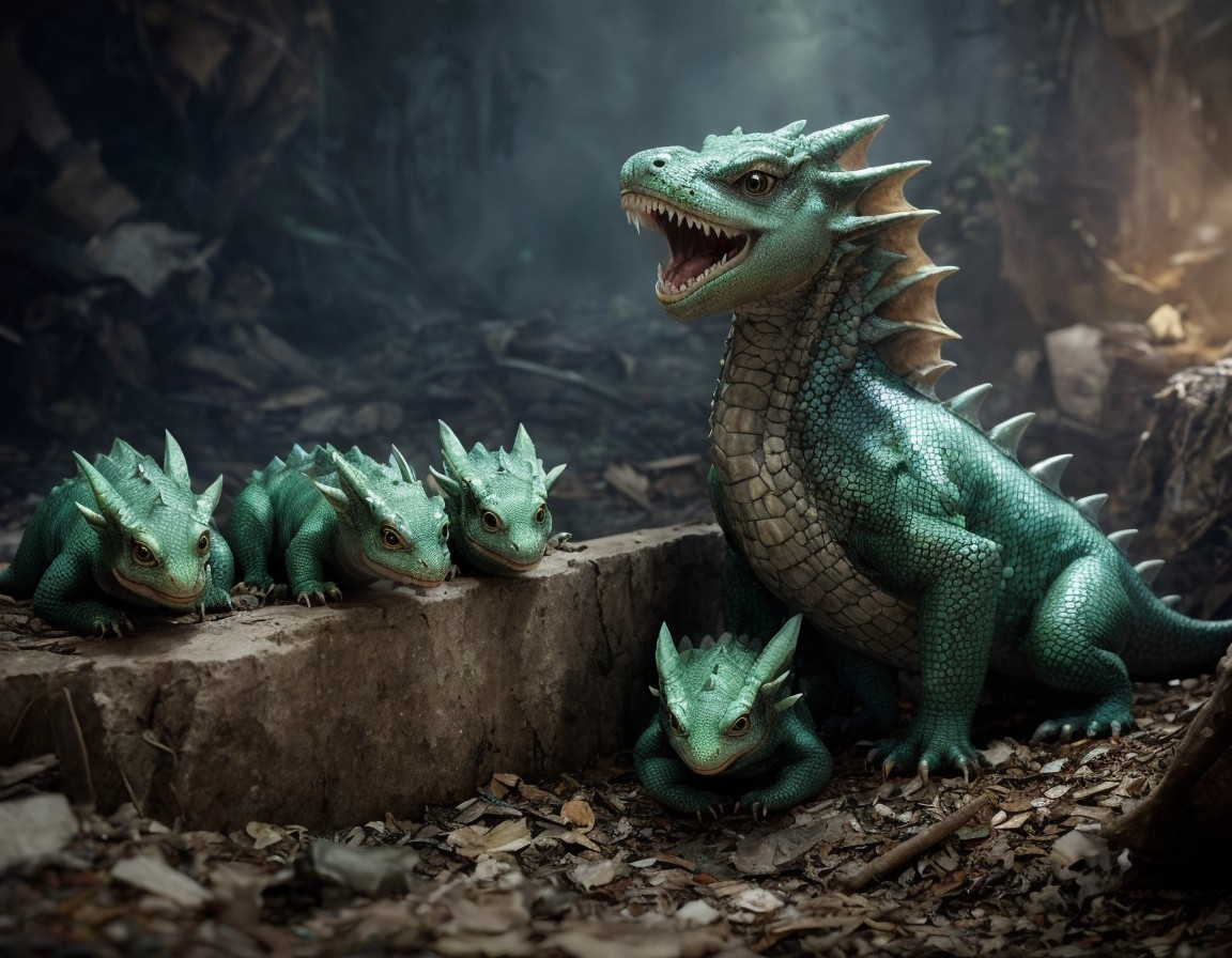Fierce Dragon with Playful Dragonlings in Mystical Setting