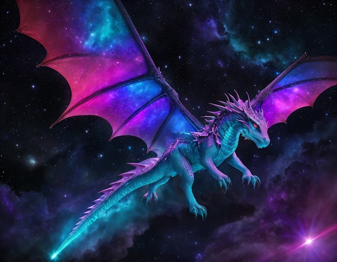 Majestic dragon in a vibrant cosmic landscape