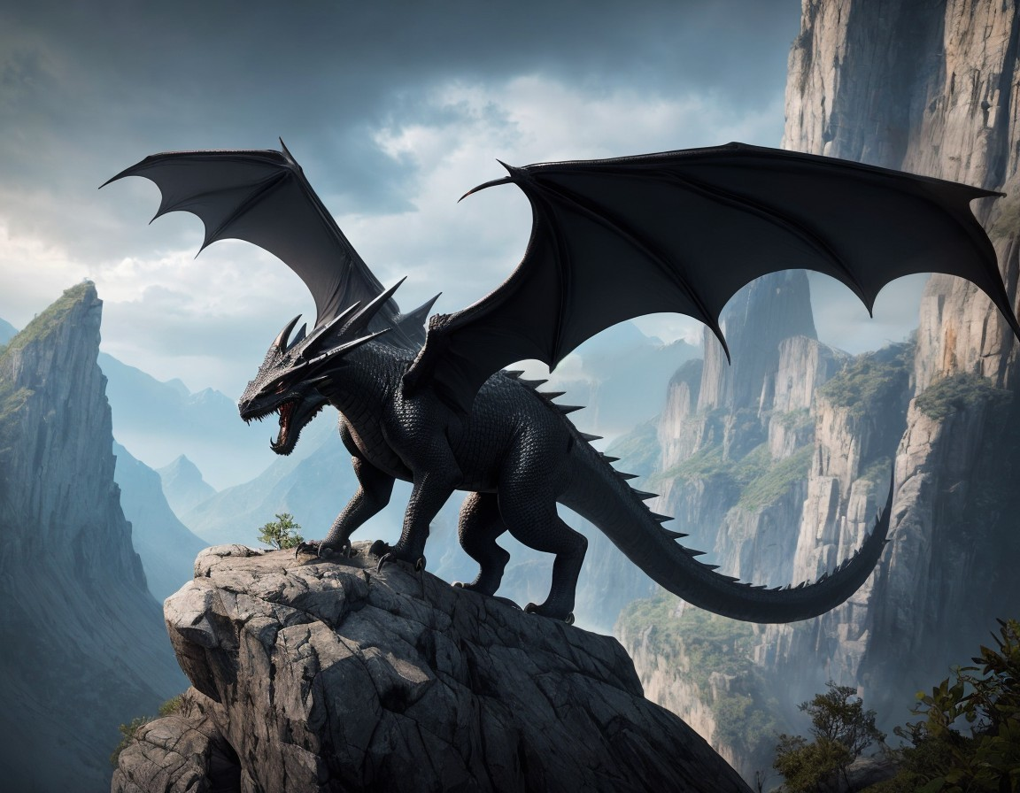 Majestic black dragon with wings on rocky outcrop