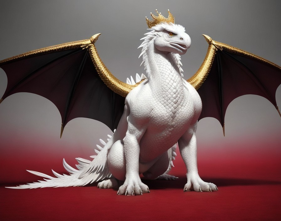 Majestic White Dragon with Golden Crown and Wings