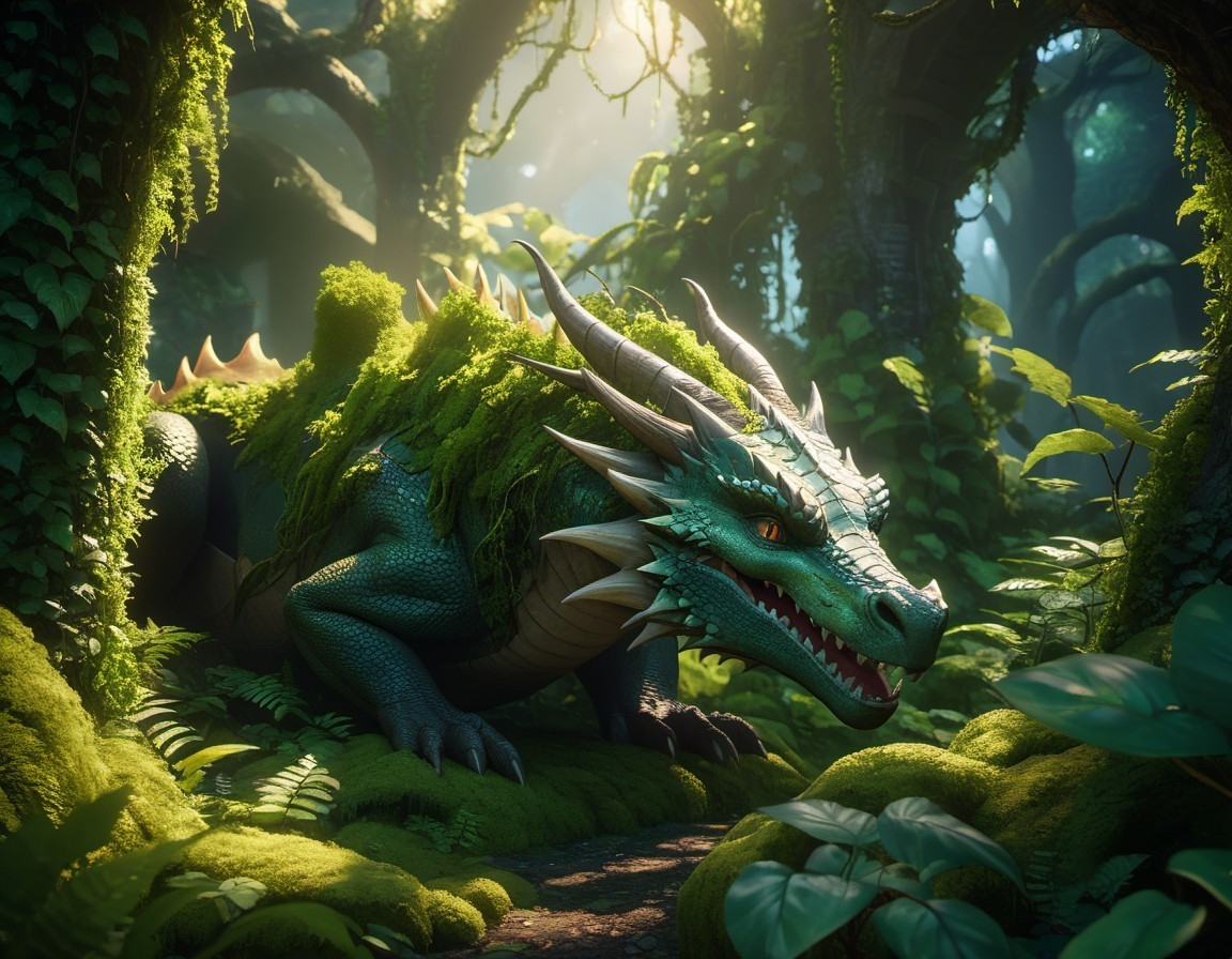 Majestic dragon resting in an enchanted forest setting