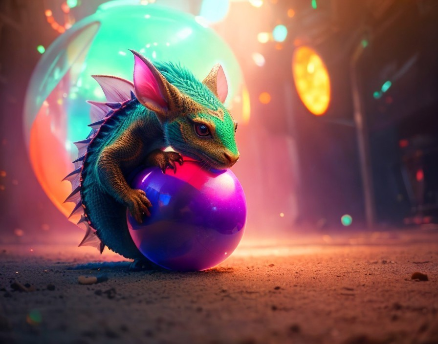 Whimsical Creature with Green Scales and Colorful Ball