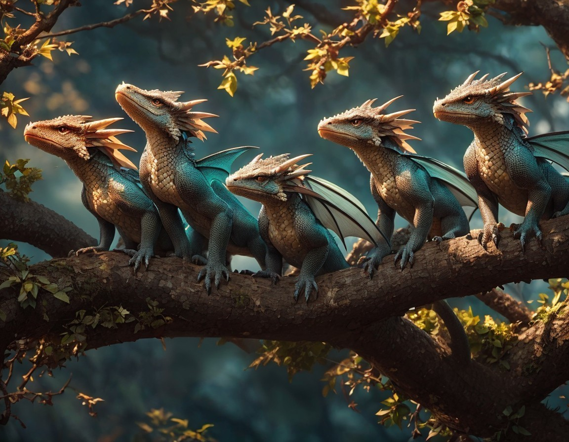 Vibrant Dragons on Tree Branch in Enchanted Forest