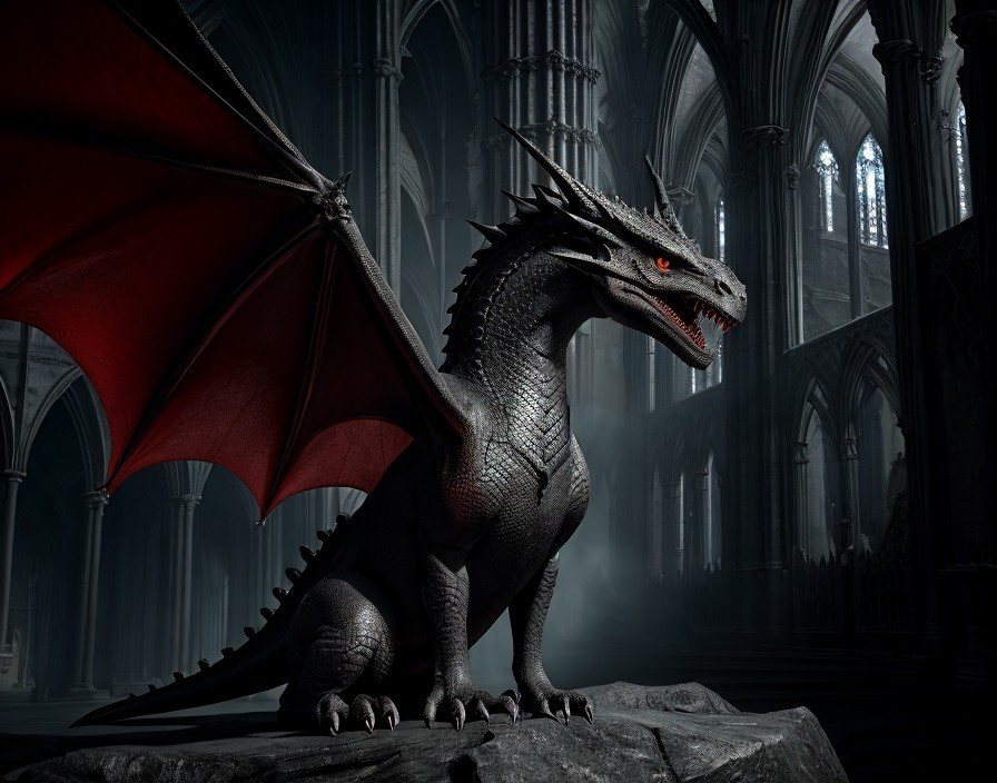 Black dragon in gothic cathedral with red wings