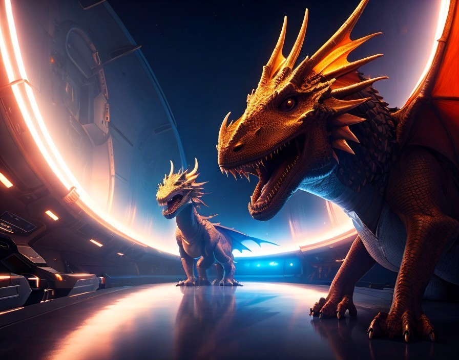 Dragons in a Futuristic Sci-Fi Environment with Blue Lights