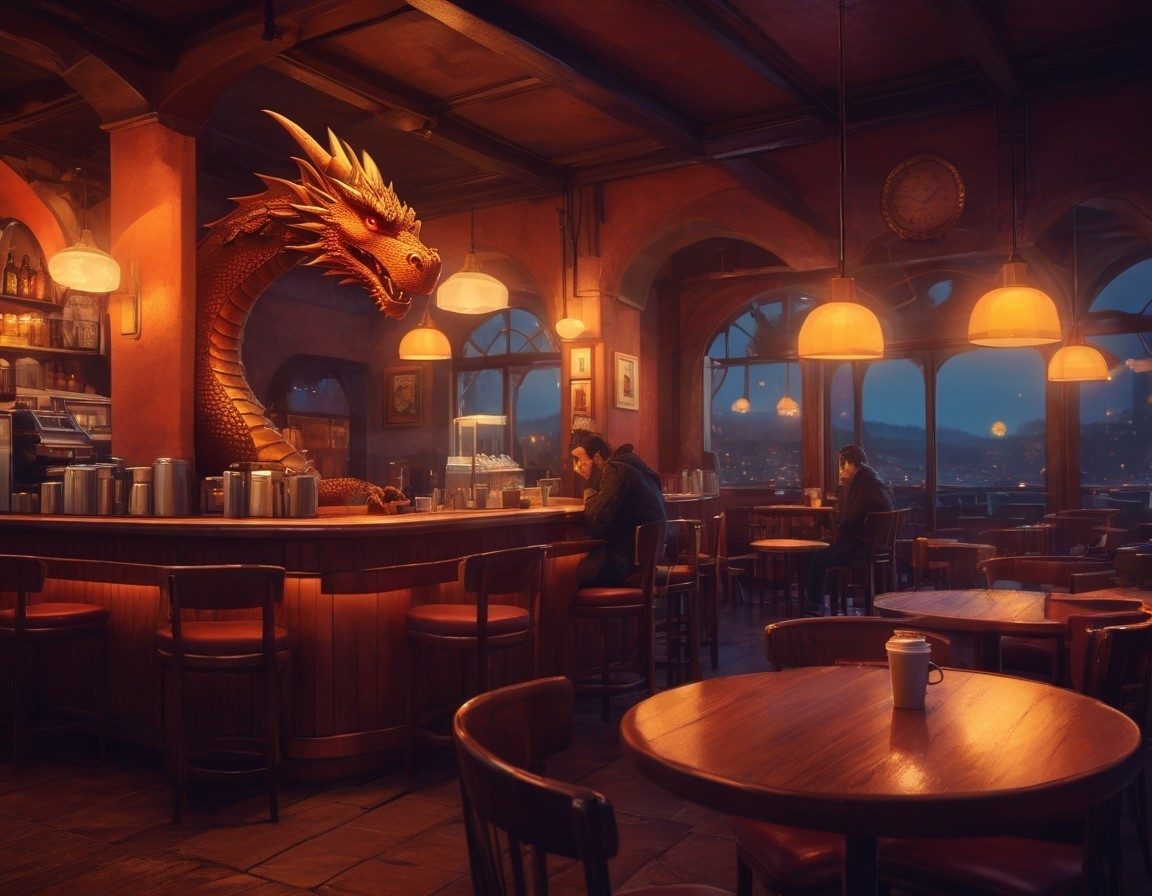 Dragon with Golden Scales in Cozy Café Setting