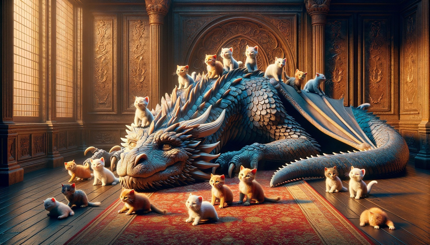 Dragon and Kittens in Ornate Room Setting