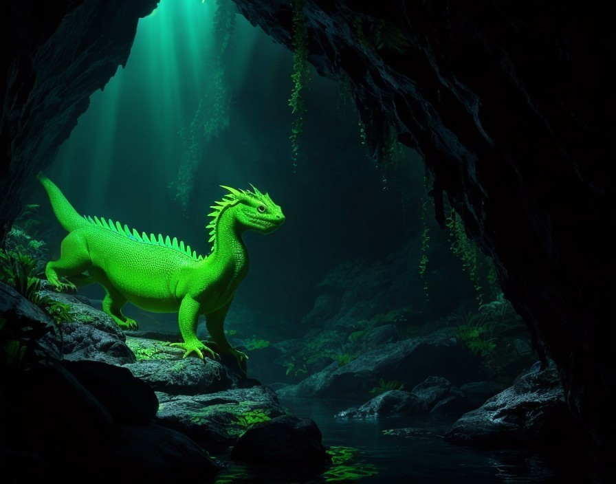 Green Dragon in Illuminated Cave with Tranquil Waters
