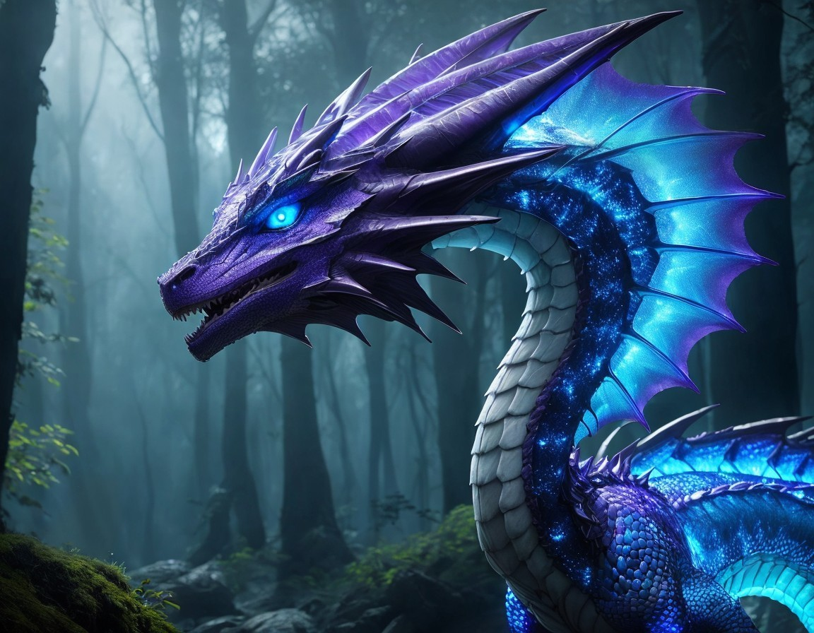 Majestic Dragon in Misty Forest with Shimmering Scales