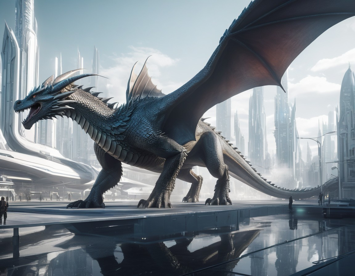 Majestic dragon in a futuristic cityscape setting