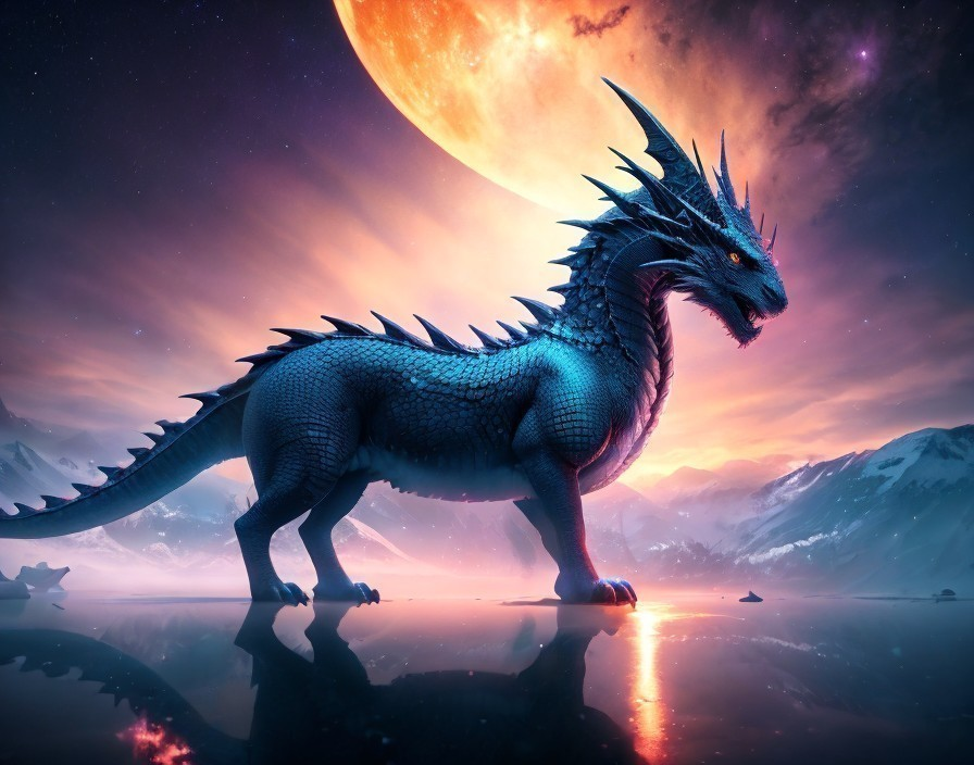 Majestic dragon in surreal landscape with moonlight