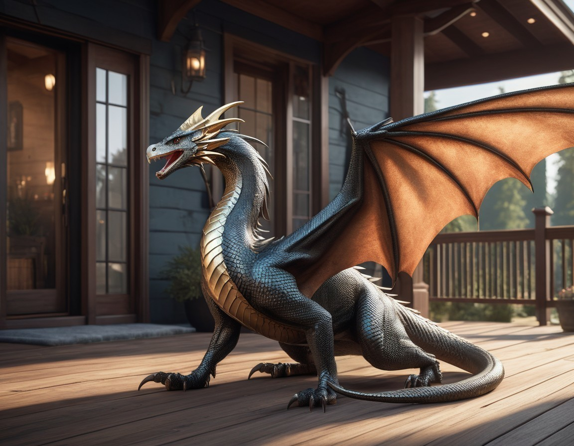 Majestic dragon with black scales on a wooden deck