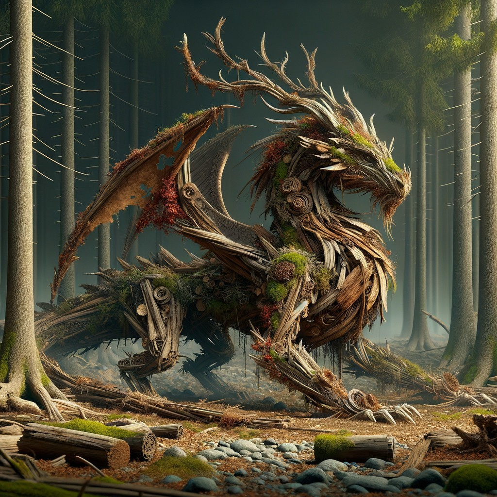 Wood and Moss Dragon in a Misty Forest Setting