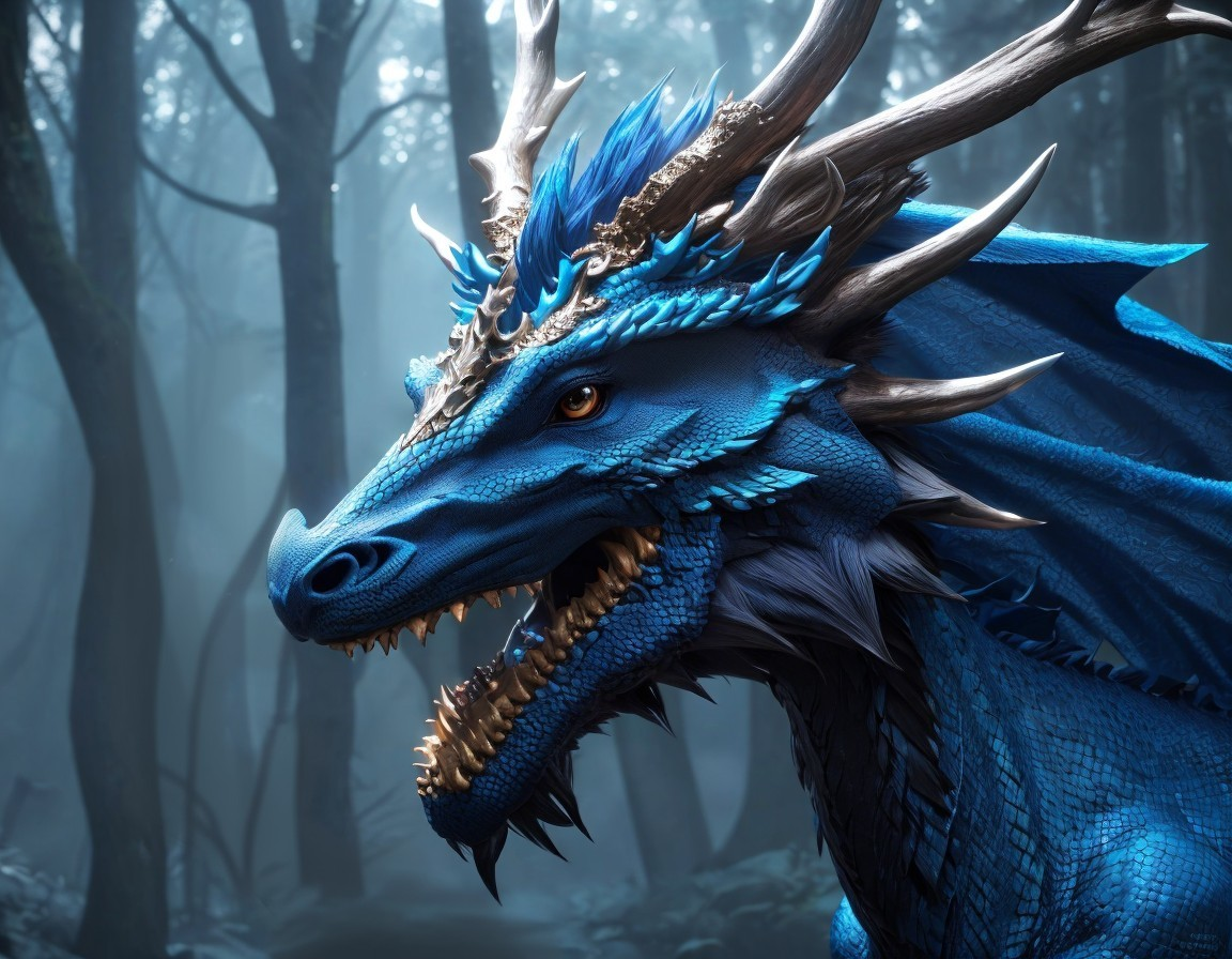 Majestic Blue Dragon in Misty Forest Setting