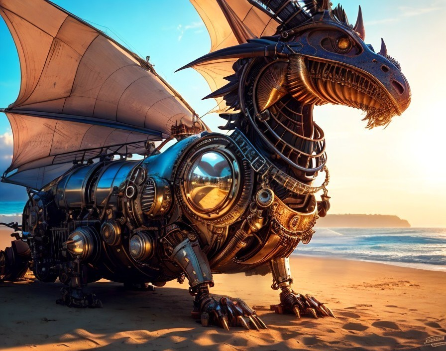 Steampunk Dragon on Beach at Sunset with Gears