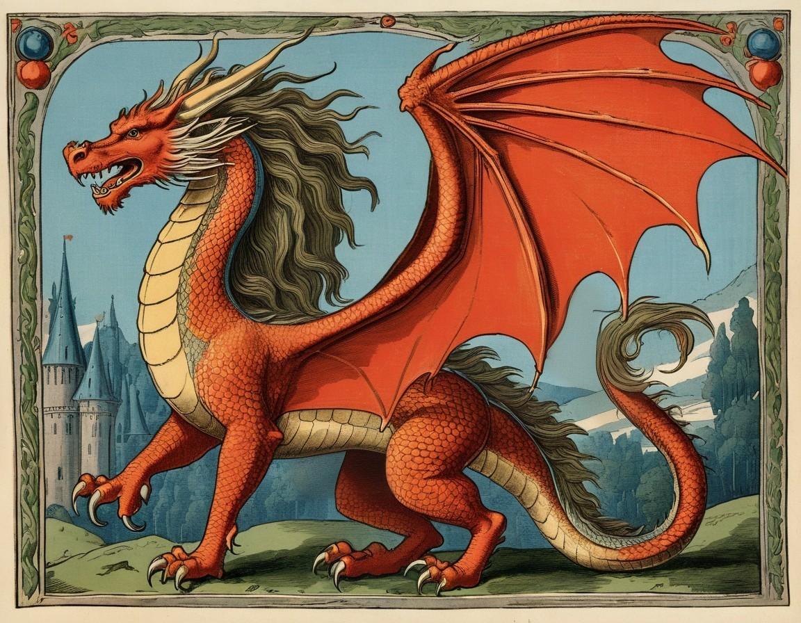 Majestic Red Dragon with Castle in Fantasy Landscape