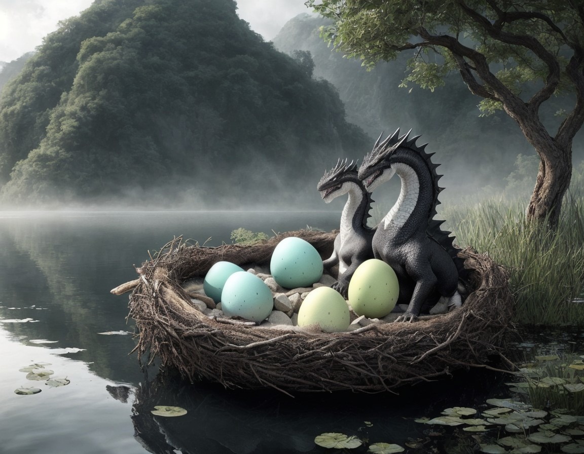 Lakeside Scene with Dragons Guarding Colorful Eggs