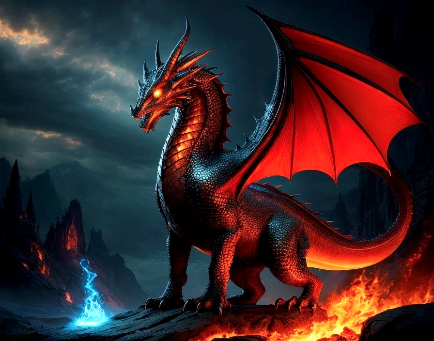 Red-winged dragon beside lava flow at night with mystical blue figure and jagged cliffs