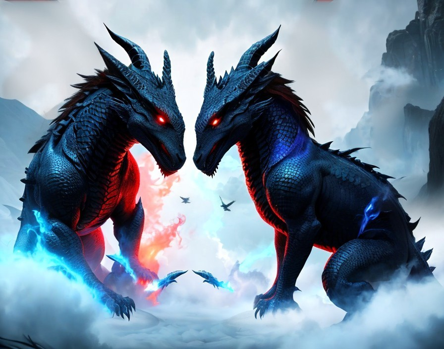 Dragons in Blue Scales with Ethereal Flames and Misty Background