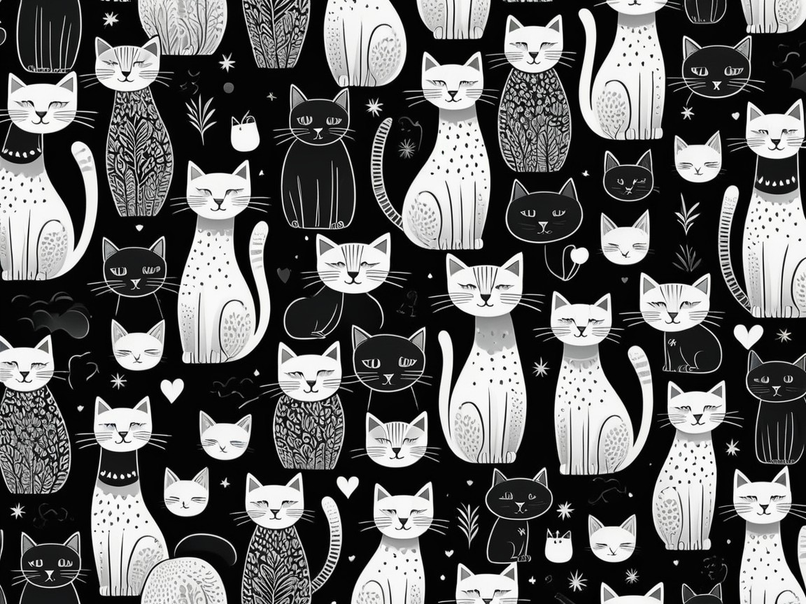 Stylized Black and White Cat Pattern with Whimsical Elements