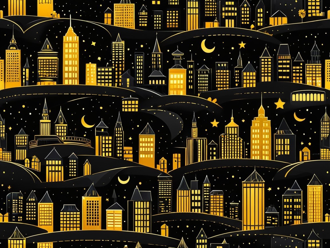Vibrant Night Cityscape with Illuminated Silhouettes