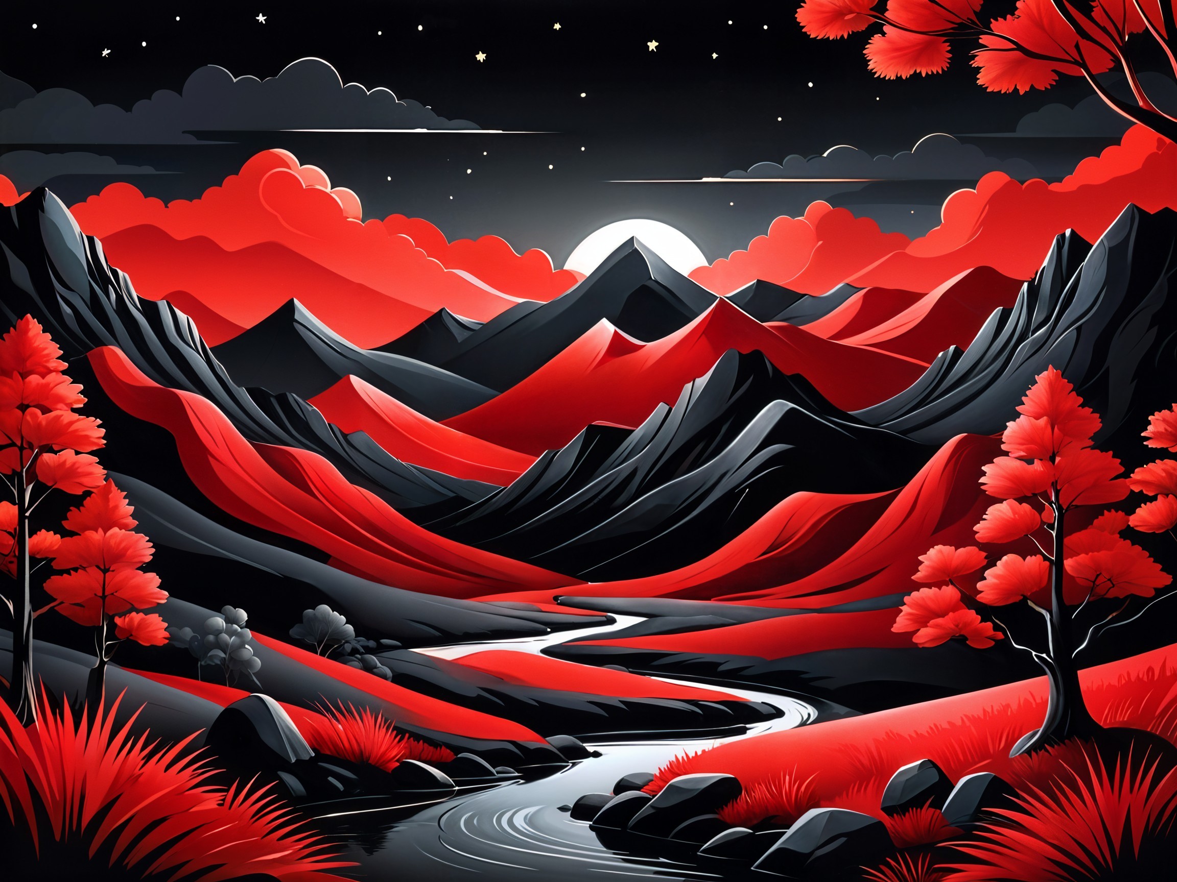 Dramatic Landscape with Red Mountains and Moonlit River