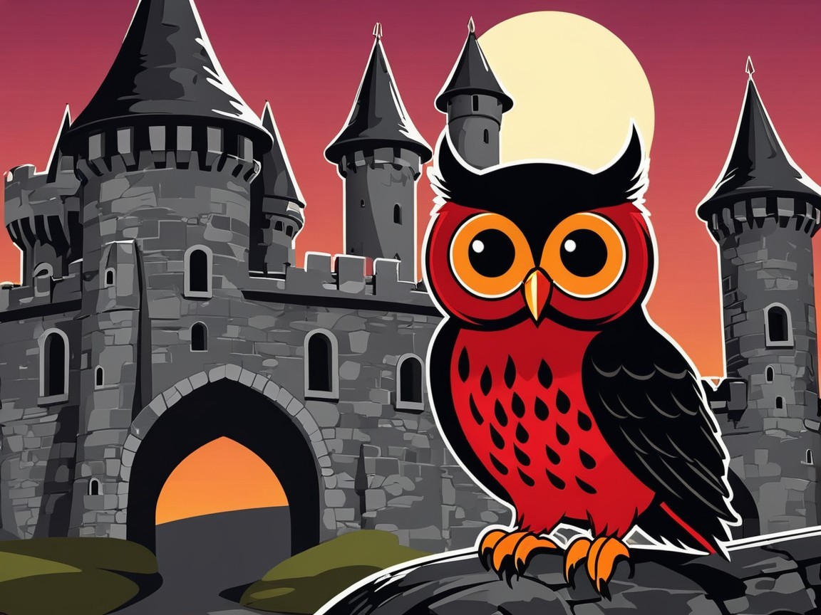 Whimsical Owl on Rock with Castle at Sunset