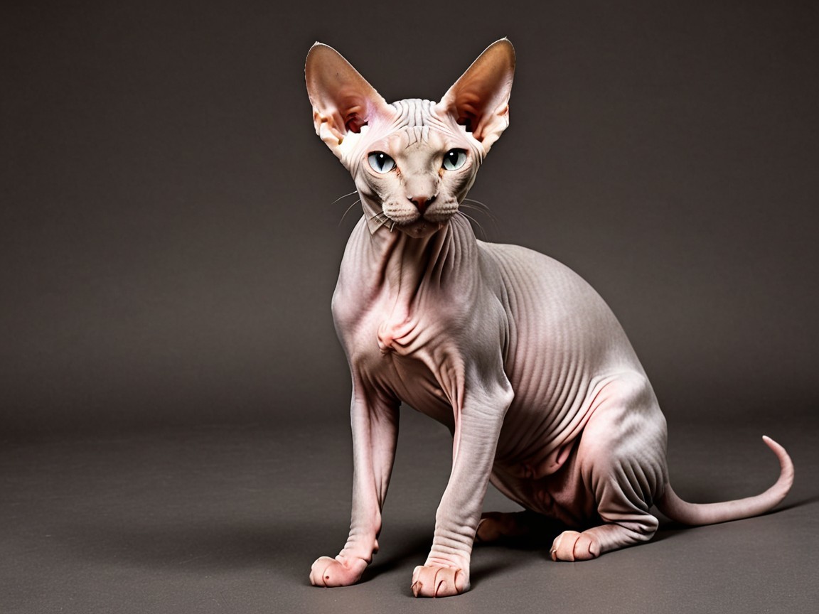 Sphynx Cat with Blue Eyes Against Dark Backdrop