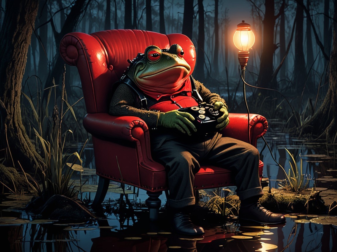 Cartoon Frog in Sweater Gaming in Swampy Setting