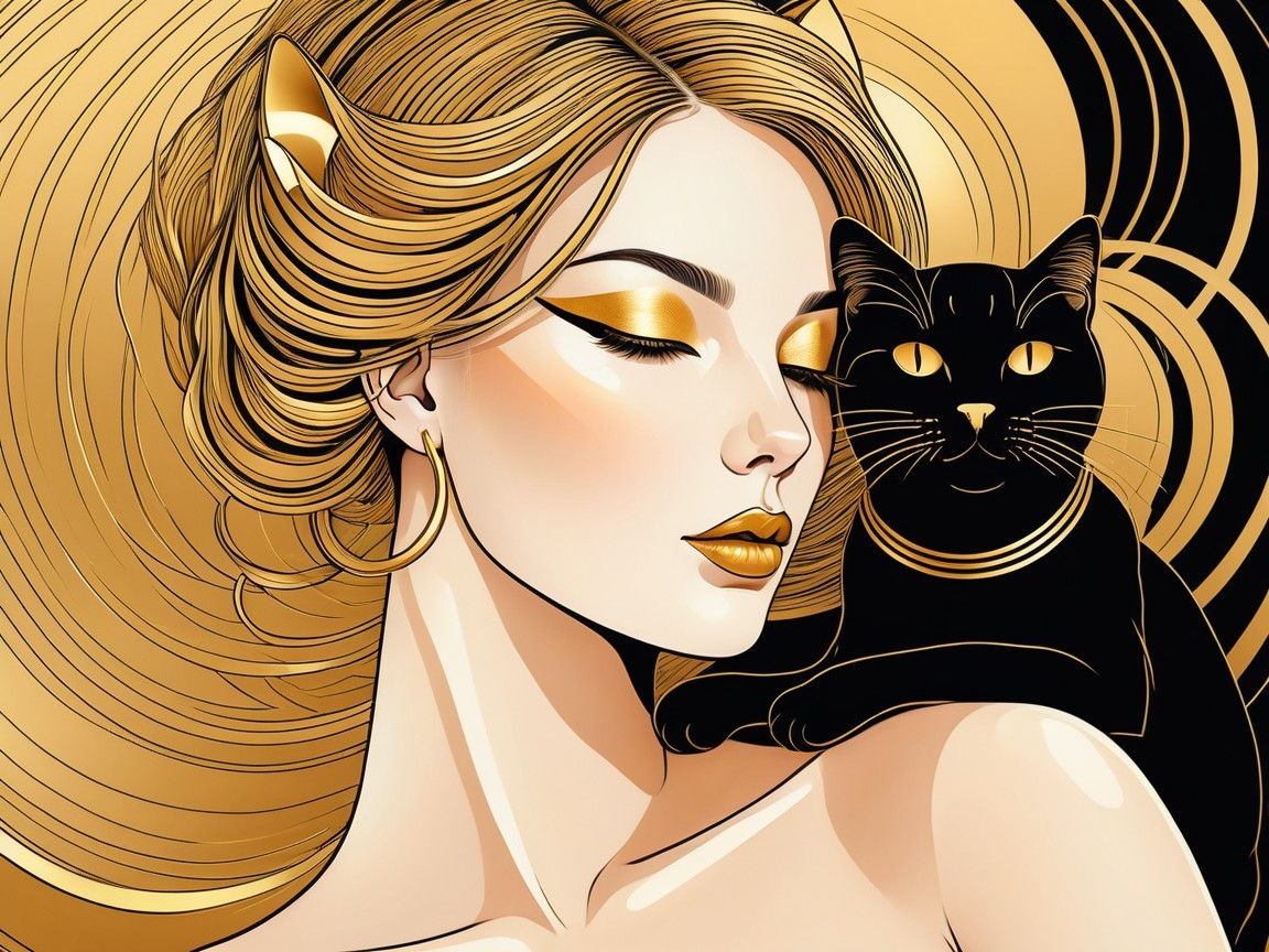 Elegant Woman with Golden Accents and Black Cat Illustration