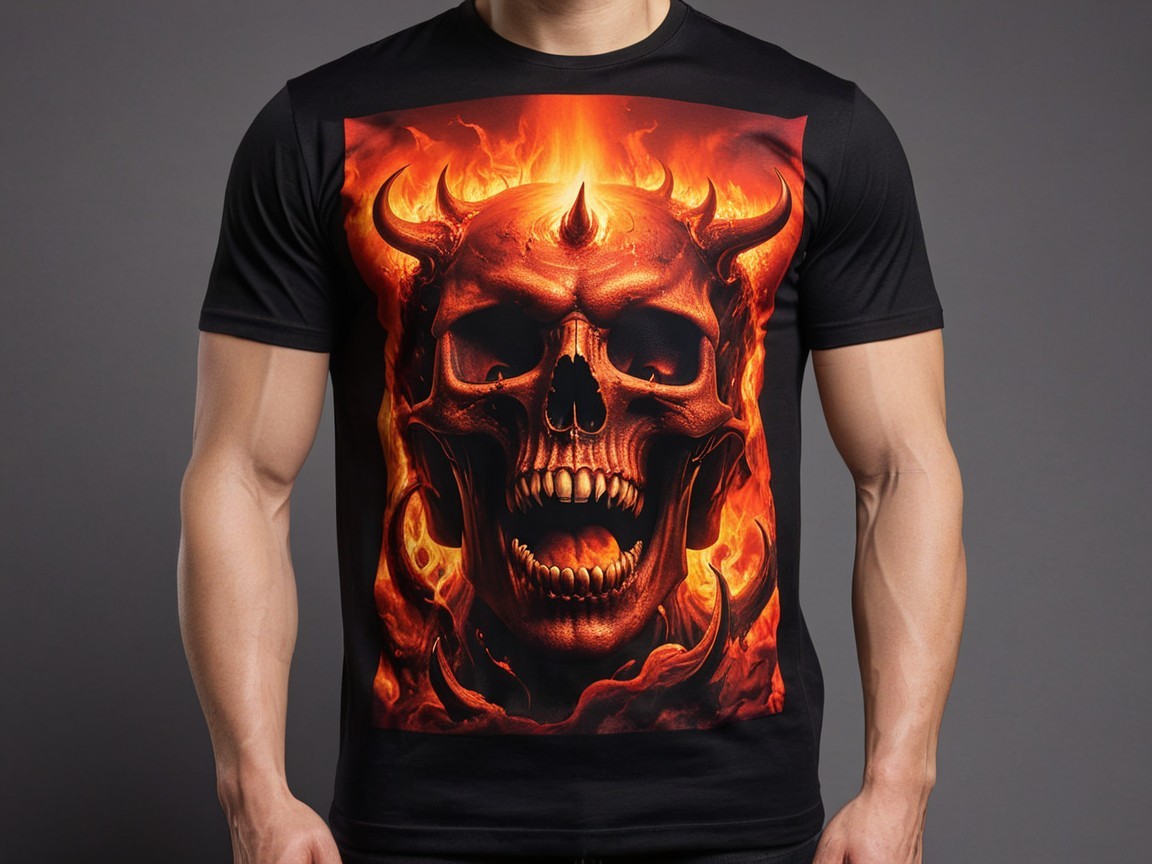 Black T-shirt with Fiery Skull Graphic Design
