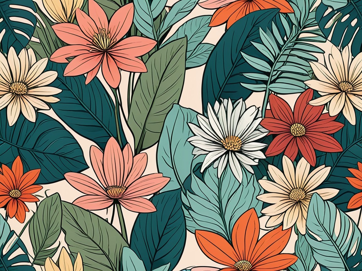 Vibrant Floral Pattern with Lush Green Leaves