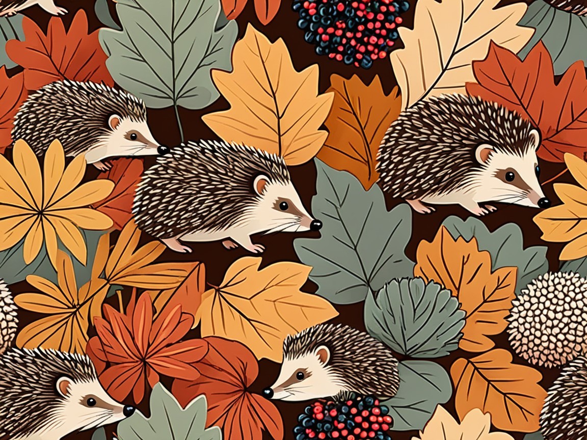 Whimsical Hedgehogs Among Colorful Autumn Leaves