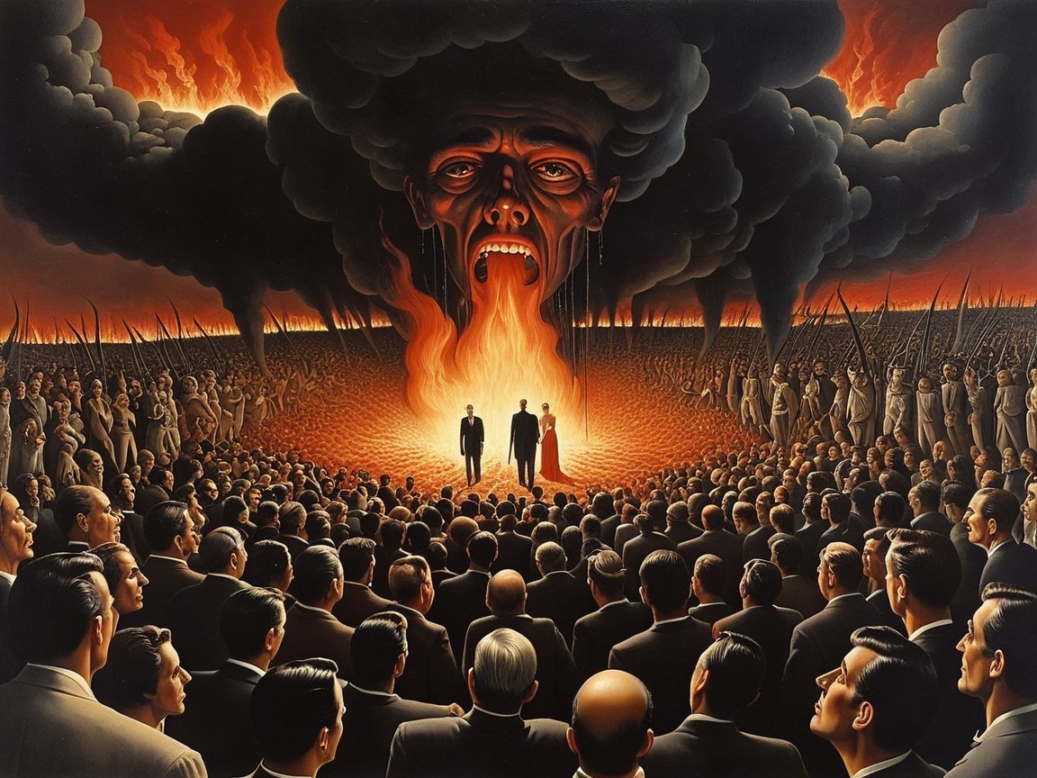 Dramatic scene of a towering figure amidst flames