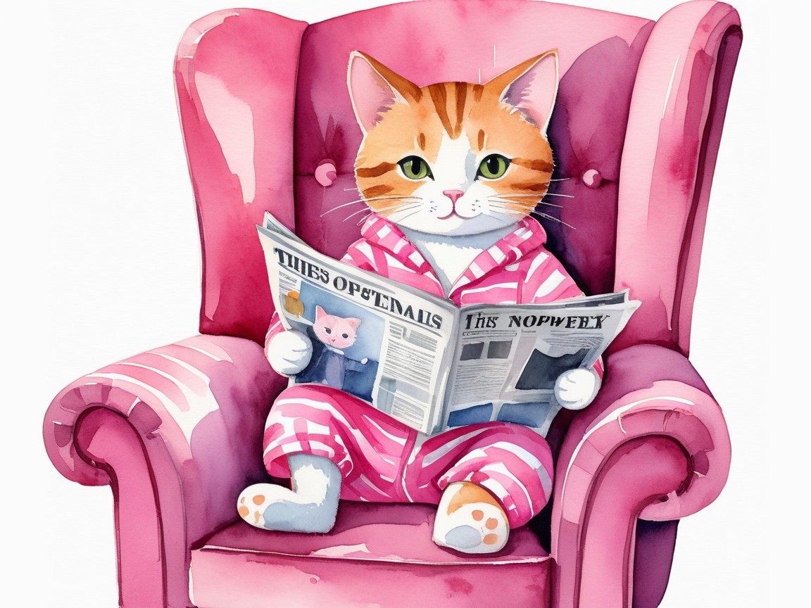 Ginger Cat in Pink Pajamas Reading Newspaper in Chair