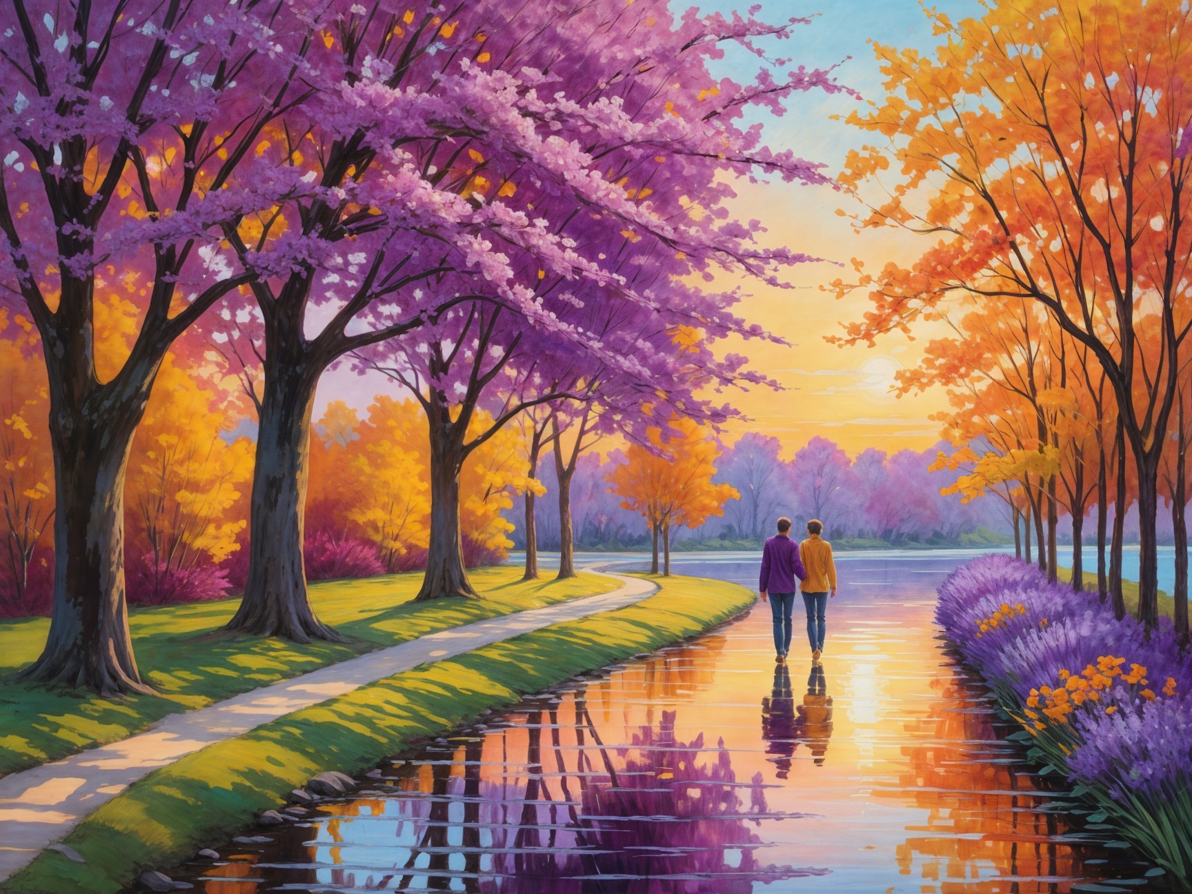 Serene Landscape with Vibrant Foliage and Calm Waterway