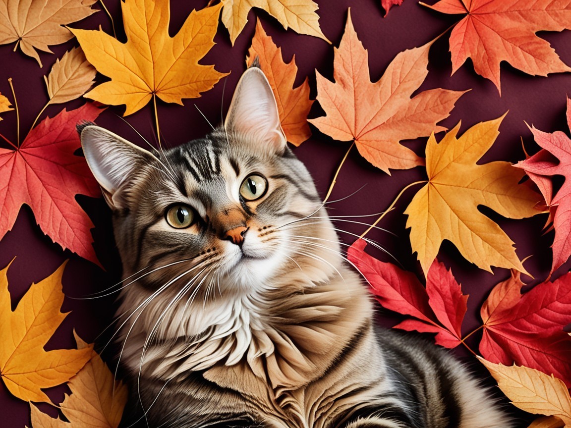 Fluffy Tabby Cat Among Vibrant Autumn Leaves