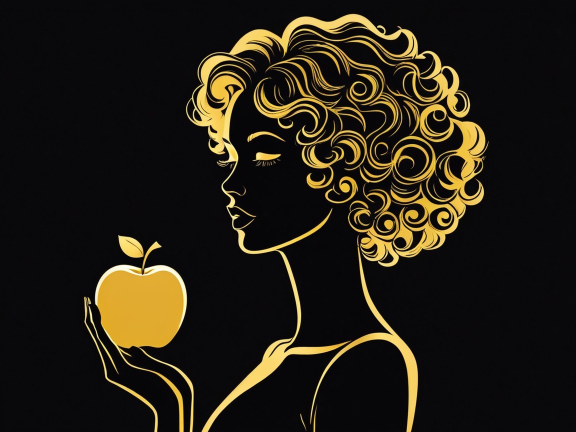 Silhouette of a Woman with Curly Hair and Apple