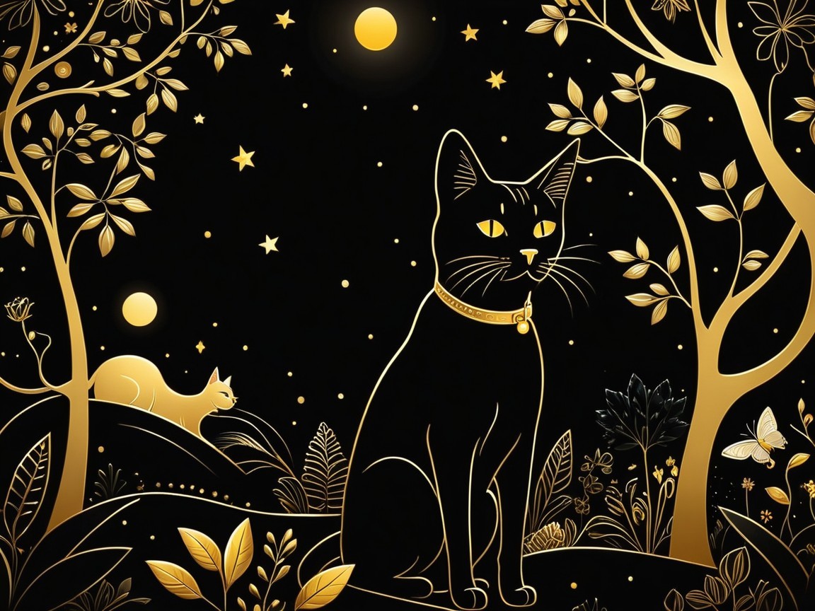 Whimsical Cats in an Enchanted Landscape Illustration
