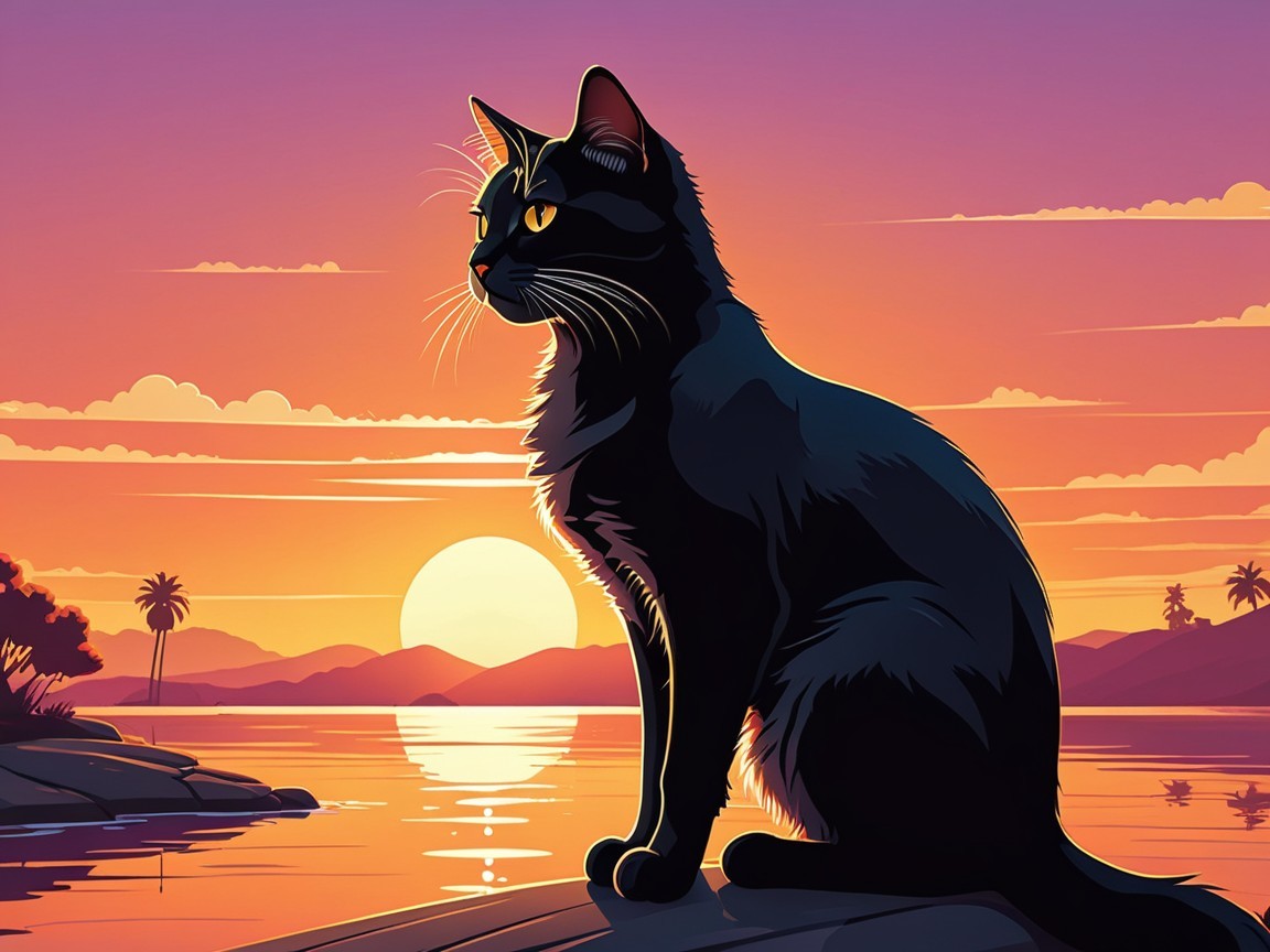 Black Cat Silhouette Against Vibrant Sunset Landscape