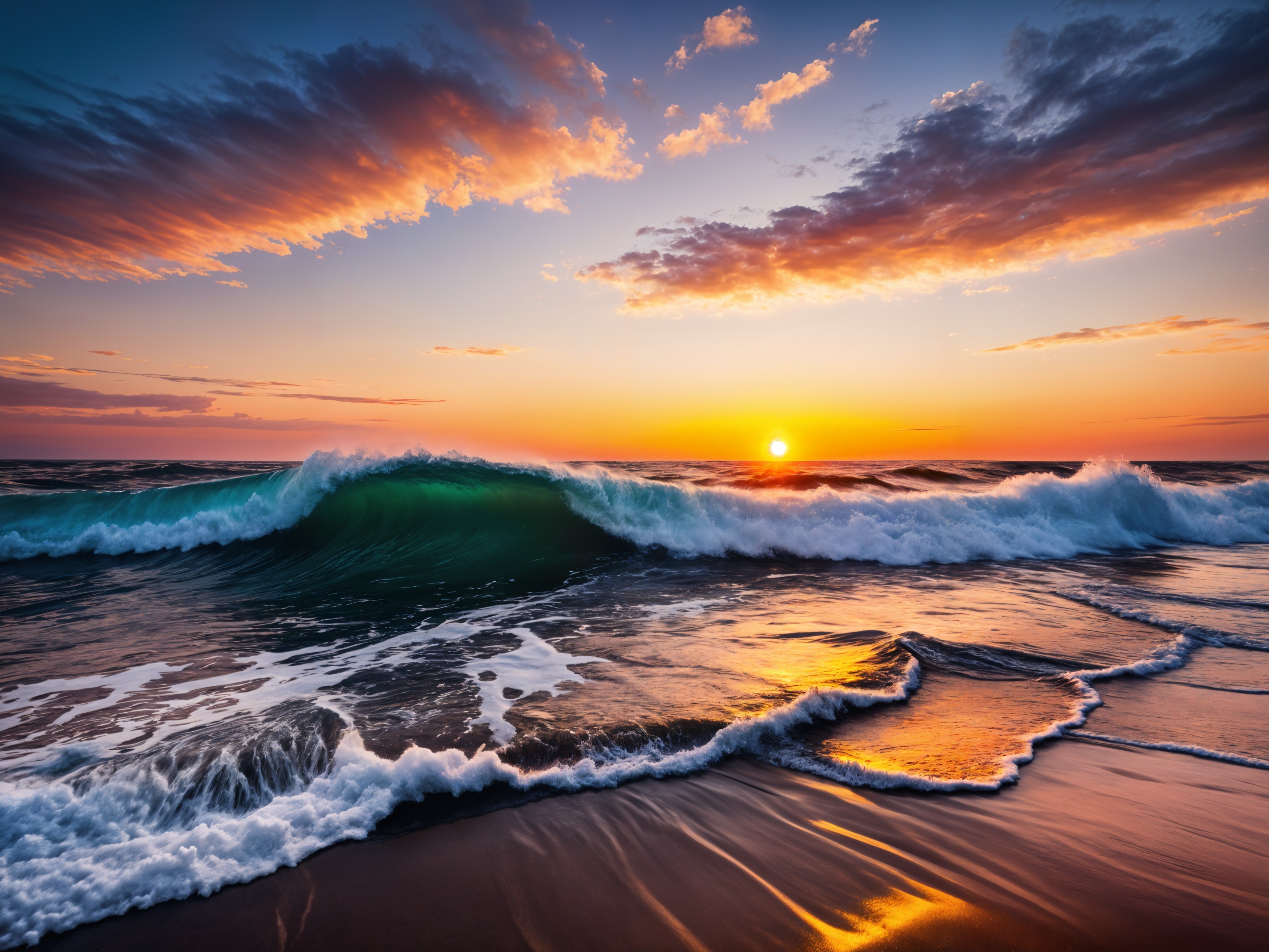 Vivid Sunset Over Ocean with Gentle Waves and Foam