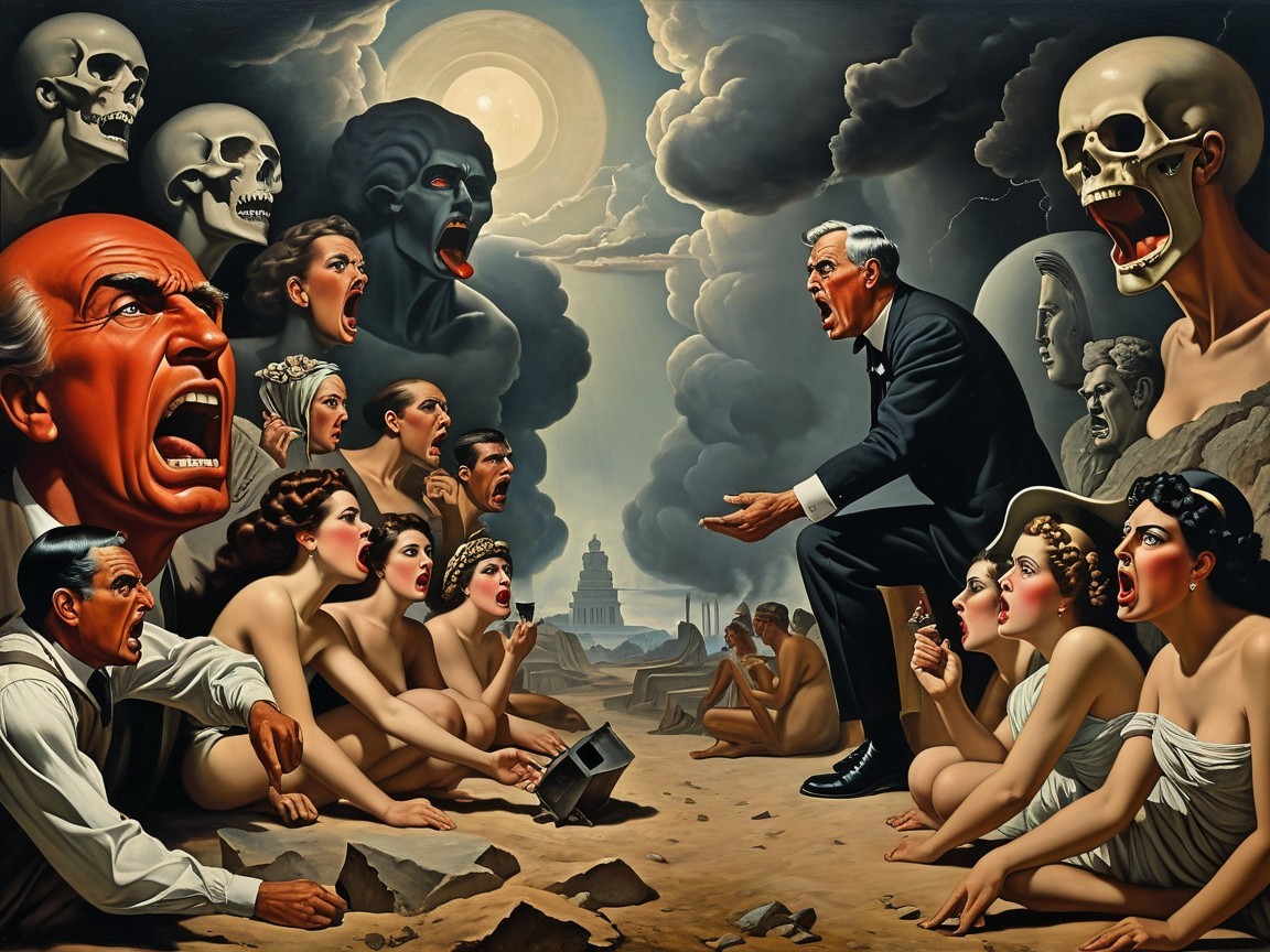 Dramatic Scene of Address Amidst Skulls and Distress