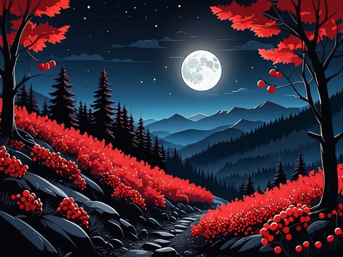 Serene Nighttime Landscape with Red Foliage and Moon