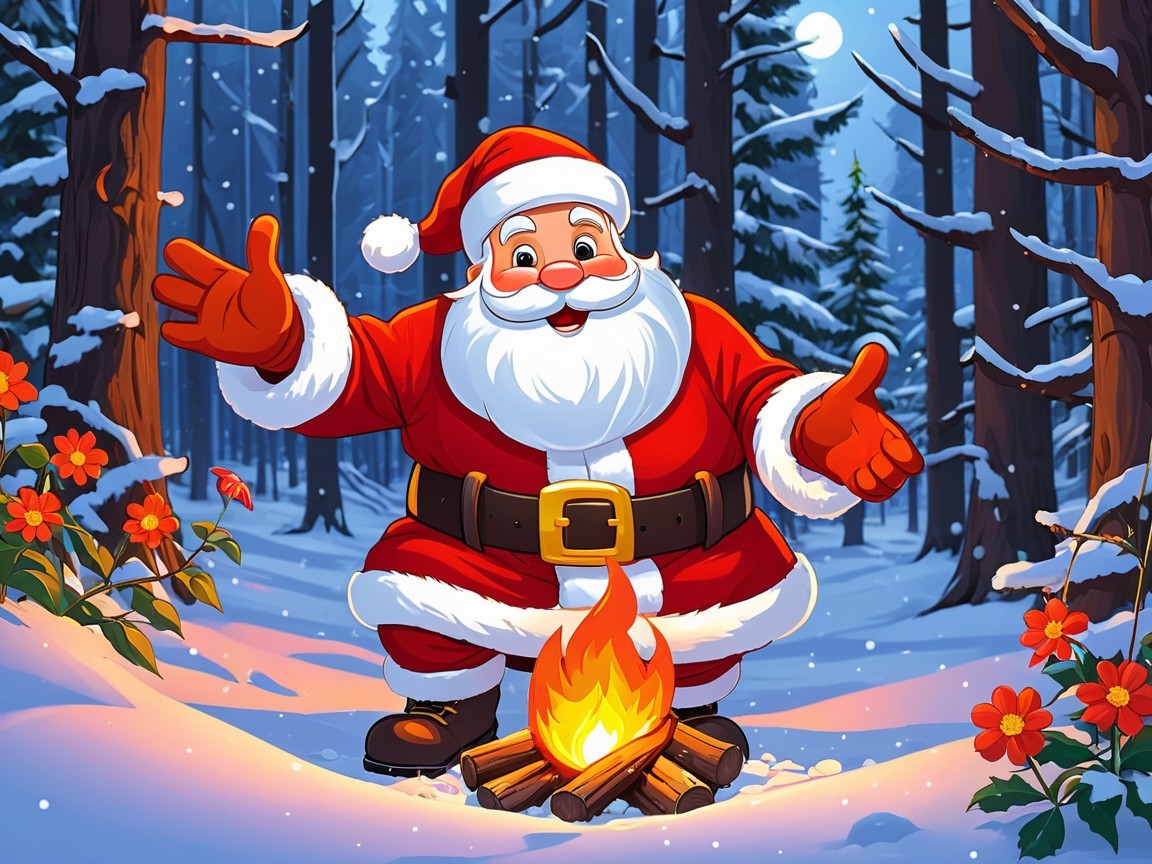 Santa Claus by a campfire in a snowy forest setting