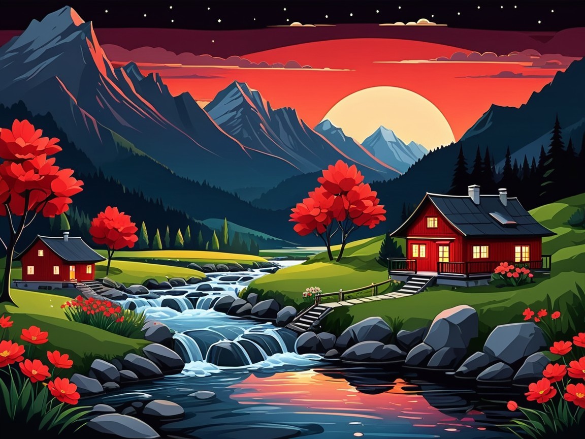 Serene sunset landscape with cabins and mountains