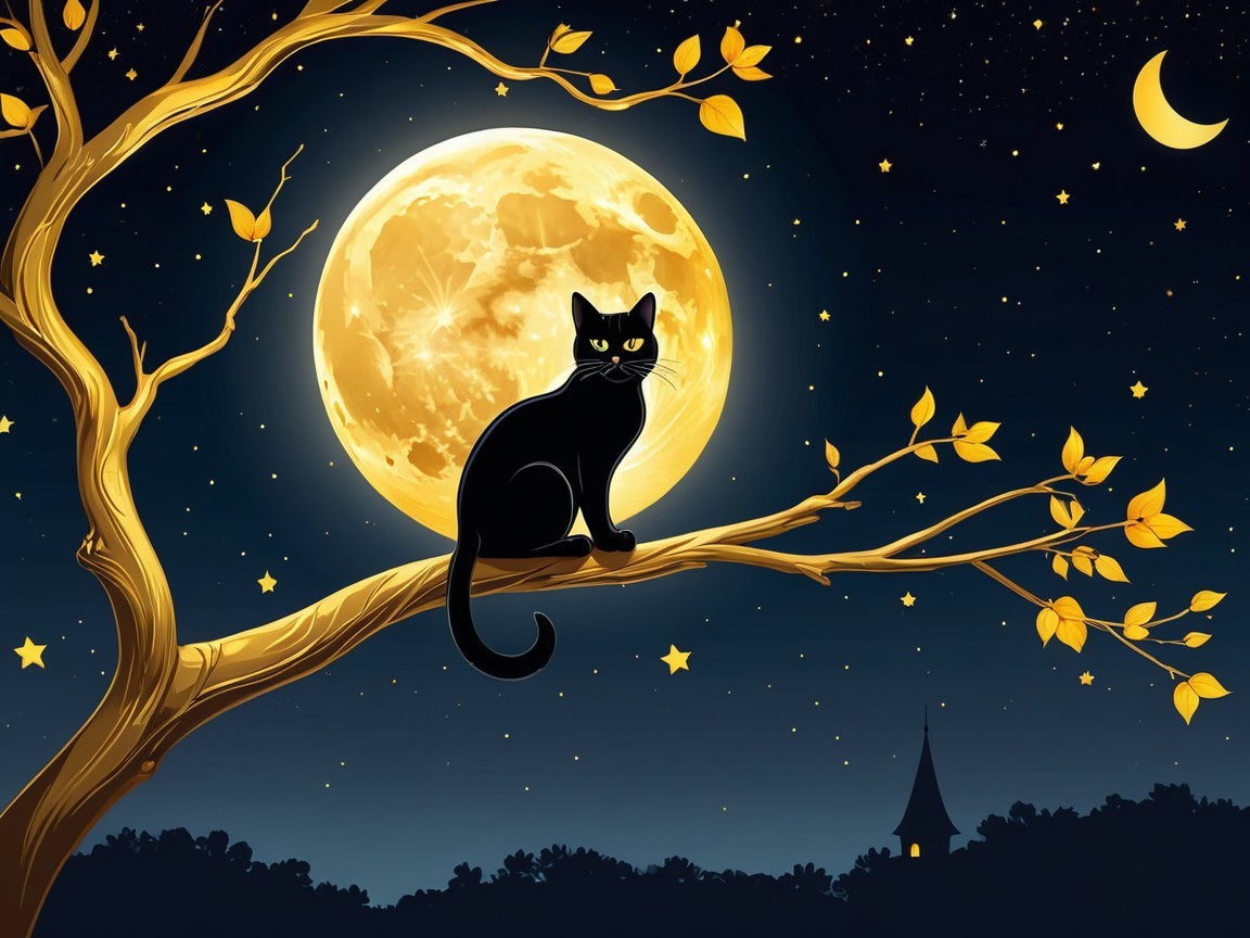 Black Cat on Branch Under Full Moon and Stars