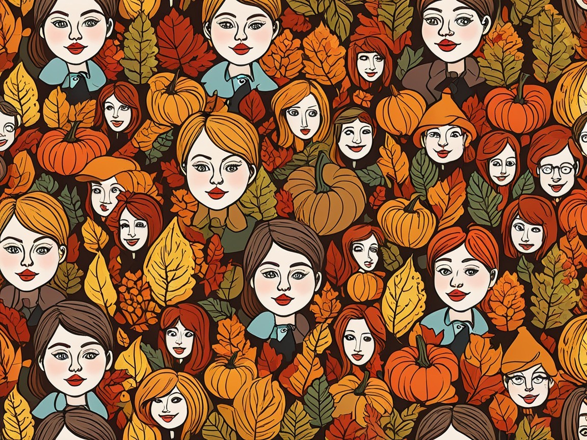 Colorful Pattern of Faces with Autumn Leaves and Pumpkins