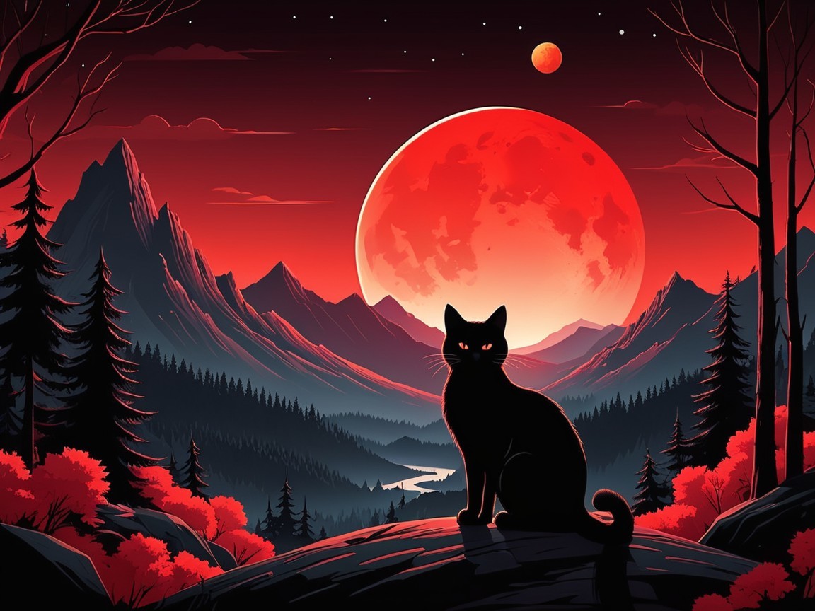 Black Cat Silhouette Against Dramatic Landscape Scene