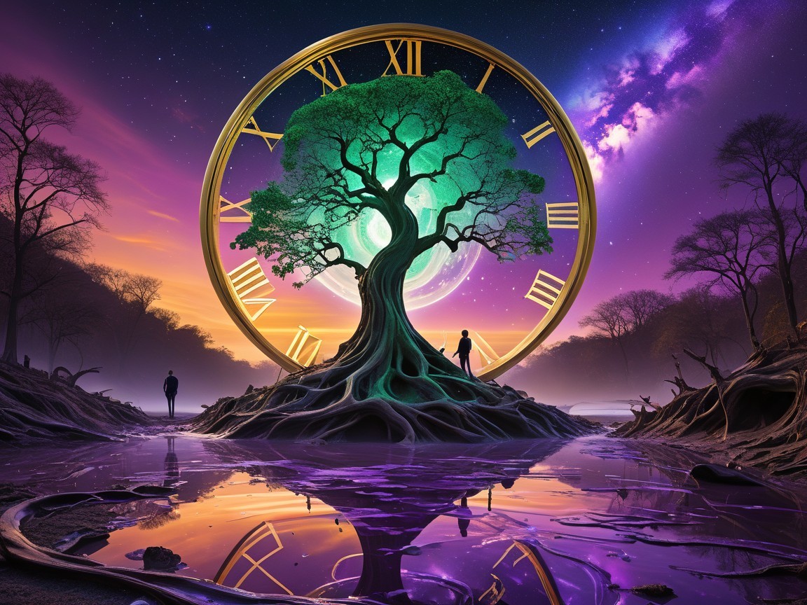 Surreal Landscape with Tree and Clock Reflection
